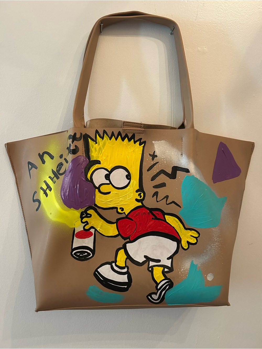 Hand-Painted Bart Simpson Graffiti Tote — Beige with Yellow & Red Artwork